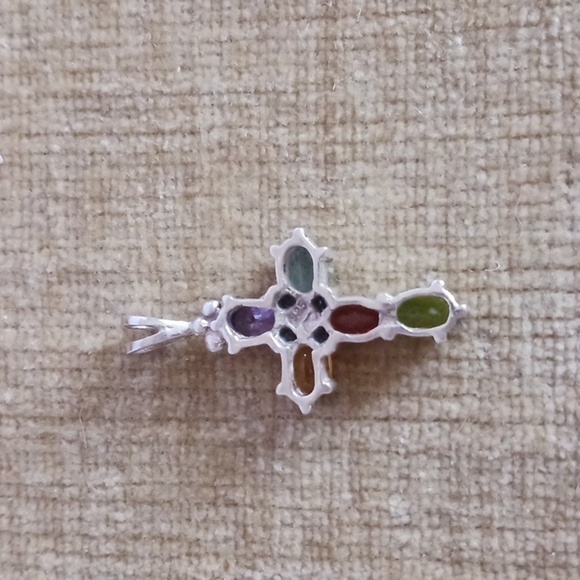 Multi Gem Stone Sterling Silver Cross Pendant - Picture 2 of 8